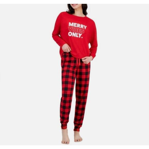 Jenni Intimates Pajama Set Womens XS Red MERRY VIBES ONLY Buffalo Plaid Lounge - Picture 1 of 9